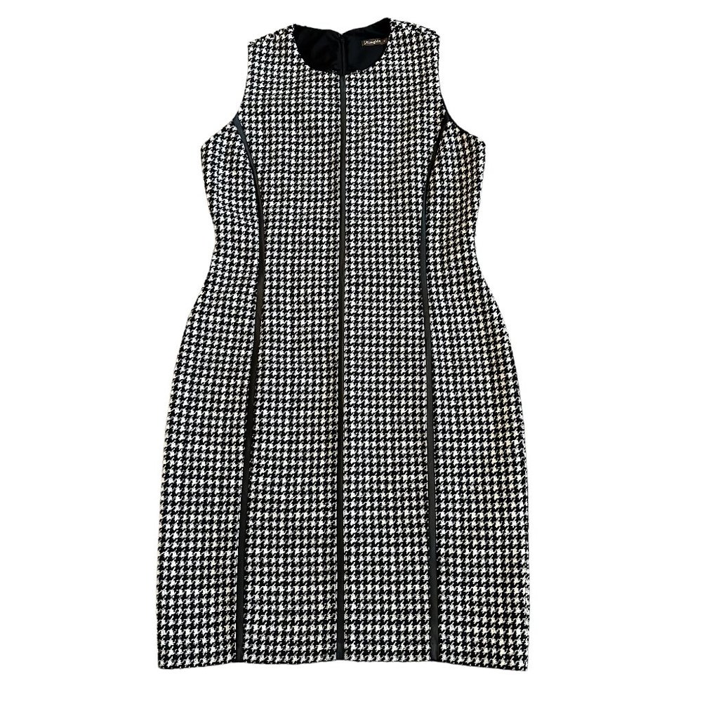 J. McLaughlin Black White Houndstooth Dress/Jumper with Vegan Leather Trim.EUC